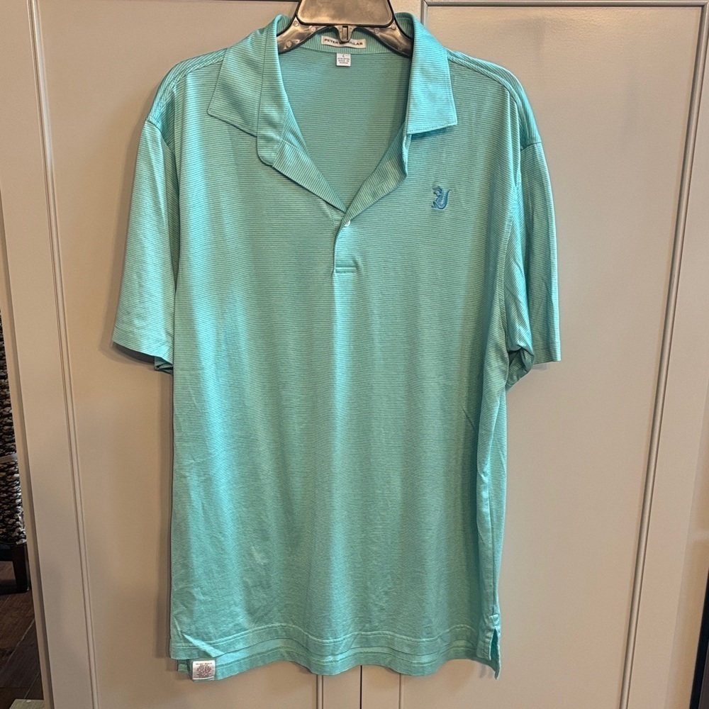 Peter Millar LG green with blue stripes polo shirt